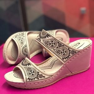 Italina Beige Floral Rhinestone Peep Wedge Sandal